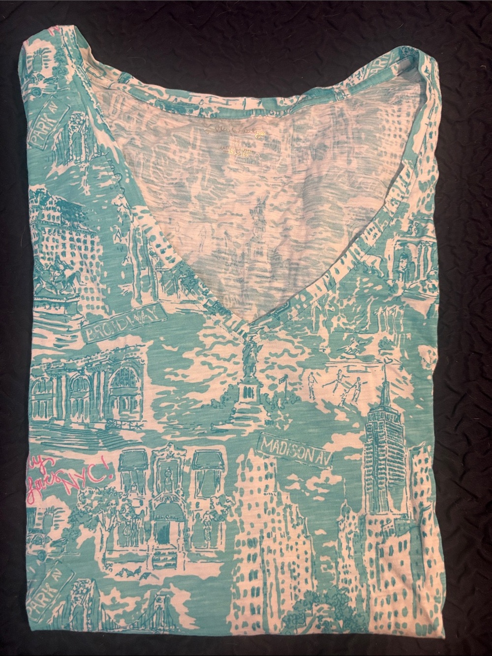 Women's V-Neck Graphic New York City Print Top - Teal & White